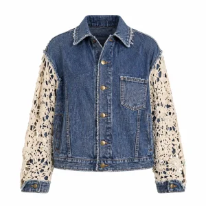 Deconstructed Crochet Sleeve Denim Jacket