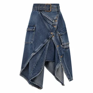 Deconstructed Twist High-Waist Denim Midi Skirt