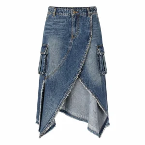 Deconstructed Wash Twisted Denim Midi Skirt